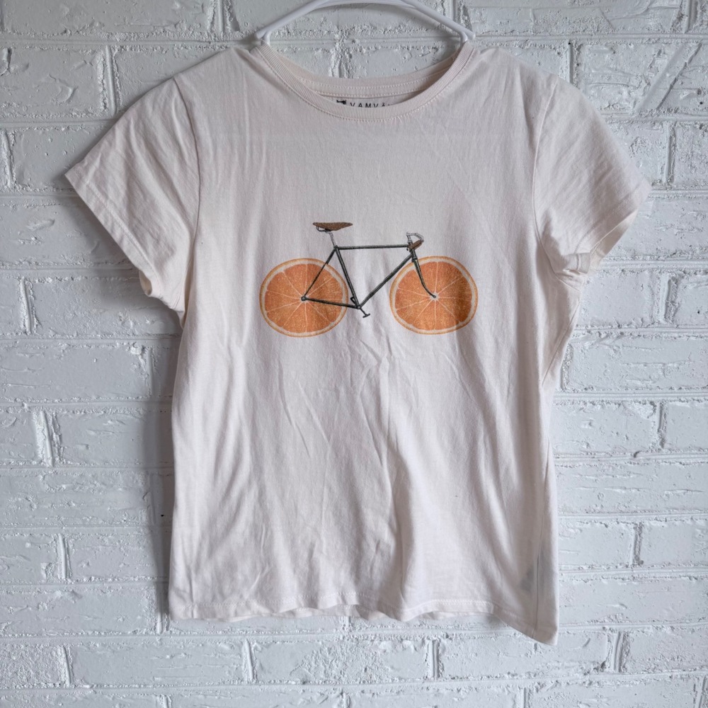 Vamvaki Graphic Tee‎ Orange Bicycle Print Cream Cotton Women's Size Medium